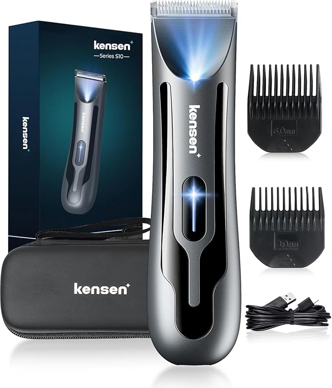 kensen Body Hair Trimmer for Men - Manscape Groin & Pubic Hair Trimmer for Men, Mens Body Shaver with LED Light Travel Case IPX7 Waterproof Wet Dry Use Rechargeable Ball Shavers (Black)