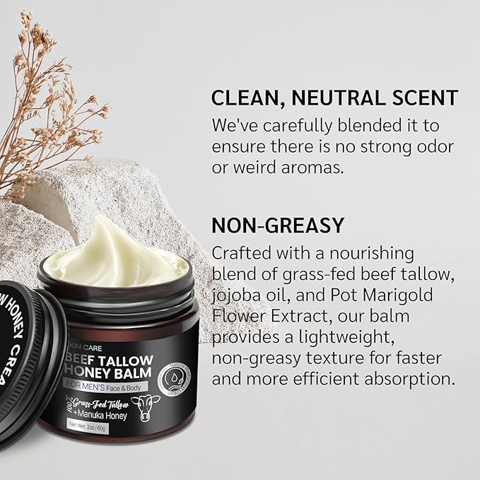 Men's Beef Tallow for Skin Care:100% Grass-Fed Beef Tallow Face Moisturizer For Men - Tallow and Honey Balm With Olive Oil Manuka Honey For Sensitive Dry Skin Repair 2 oz