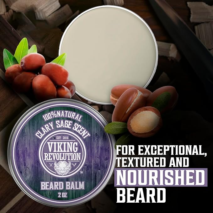 Viking Revolution Clary Sage Beard Balm - Beard Butter with Argan Oil, Beard Softener for Men with Jojoba Oil - Beard Moisturizer for Men with Beeswax - Beard Wax for Men (2oz, 1 Pack)