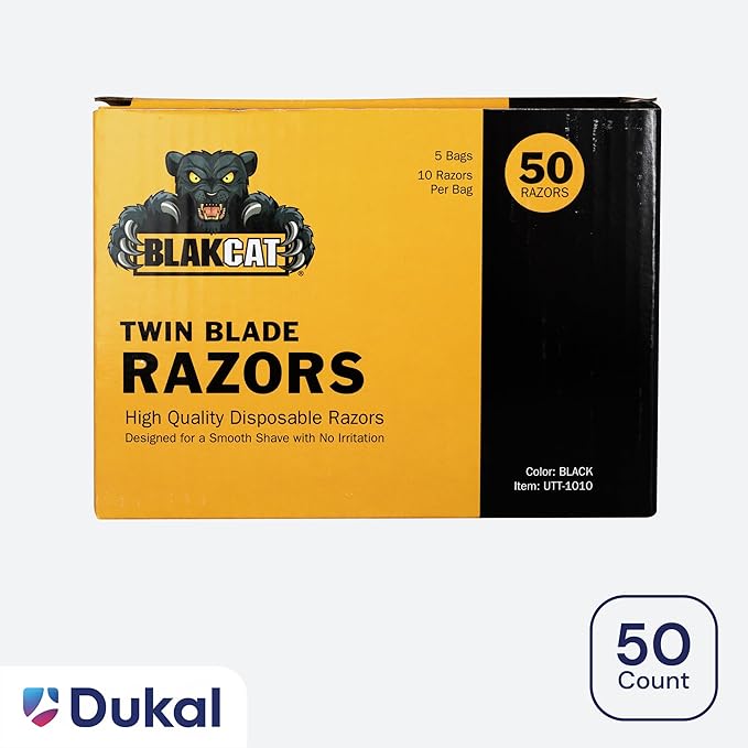 Dukal BlakCat Disposable Razors – 5 Bags/Box (50 Razors Total), Black, Twin Blade, Non-Sterile, Ergonomic Handle – Black Razors for Tattoo, Medical, Salon and Personal Use