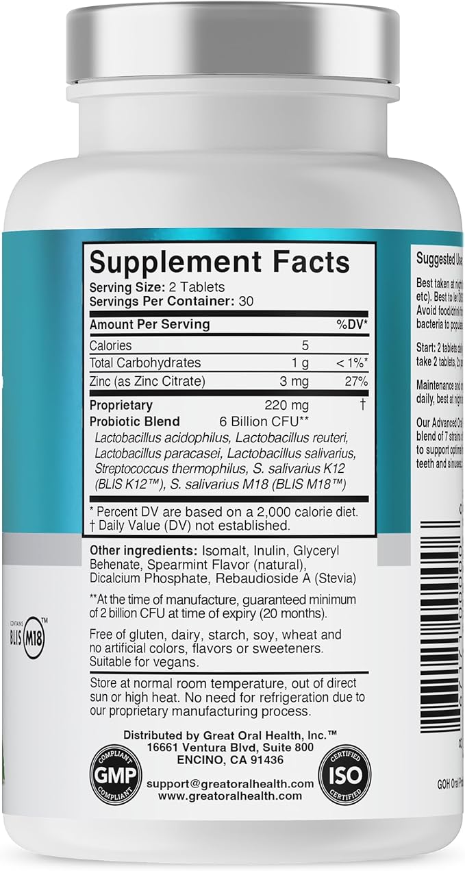 Oral Probiotics for Mouth Bad Breath Treatment for Adults: Dentist Formulated BLIS K12 M18 Advanced Oral Probiotics for Teeth and Gums, 60 Chewable Oral Health Probiotics Supplement Tablets (Mint 2pk)