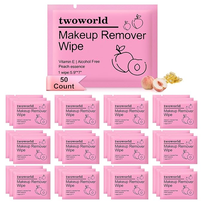 Makeup Remover Wipes Bulk Individually Wrapped,Travel Makeup Wipes Gentle for Face Cleansing Mascara Lipstick Travel Hotel（honey peach,pack of 50)