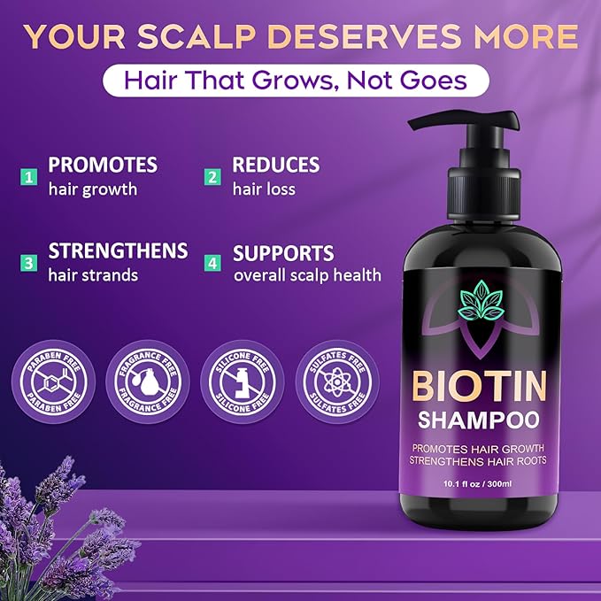 Biotin Hair Growth & Thickening Shampoo with Root Activator, Hair Loss Shampoo for Men And Women, Strengthen Roots, Control Oil & Thicken Thin Hair, Sulfate-Free, for All Hair Types, 10.1 Fl Oz-Fresh