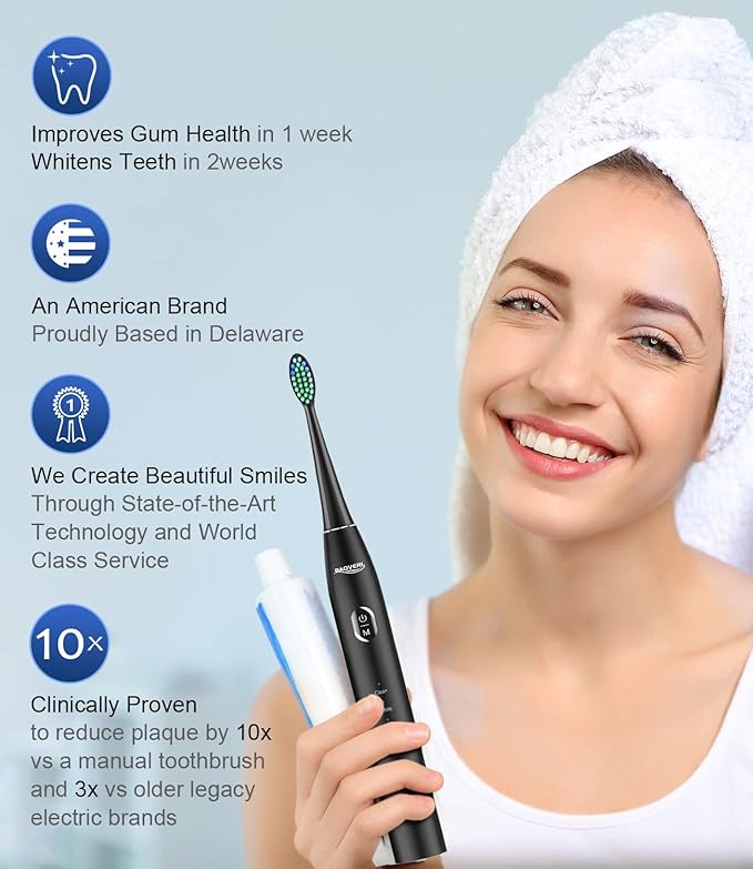 BAOVERI Electric Toothbrush for Adults & Kids,Rechargeable Ultrasonic Electric Toothbrush with 6 Dupont Brush Heads, IPX7 Waterproof, 5 Modes, 2 Minutes Smart Timer, 4 Hours Fast Charge for 60 Days