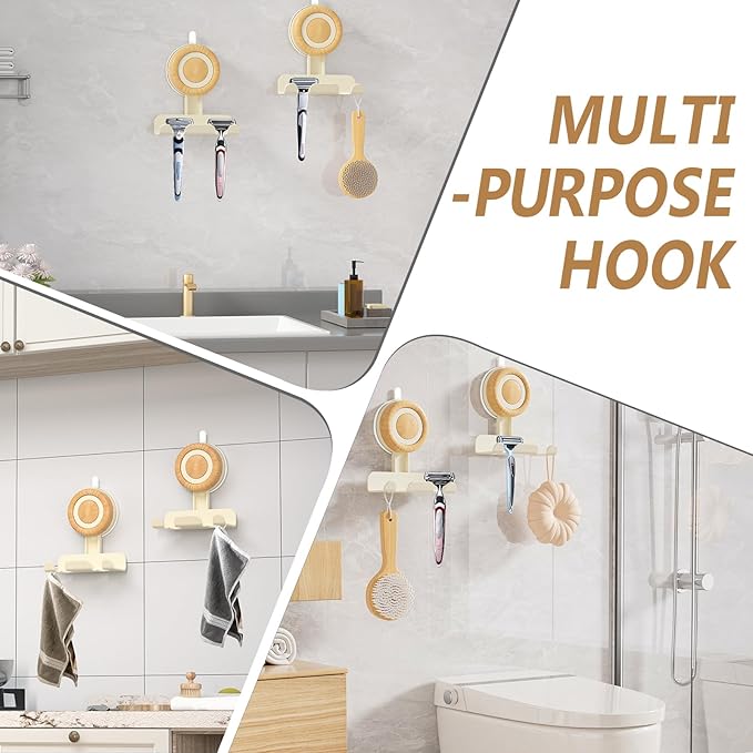 Razor Holder for Shower 1 Pack, Suction Cup Shaver Holder for Wall, Removable&Reusable Suction Cup Hooks for Bathroom, Damage-Free Suction Shower Hooks, Wall Mounted Razor Stand, Beige