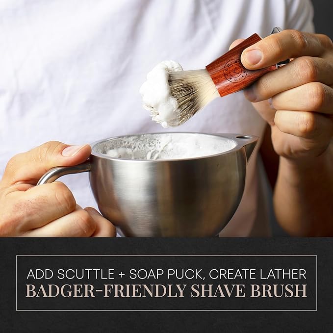 Synthetic Badger Hair Shaving Brush - Futura Synthetic Badger Hair + Handmade Mahogany Shave Brush, Exfoliating Stiff Bristles, Thick & Creamy Lather For A Great Shave, Pre-Shave & Barber Approved