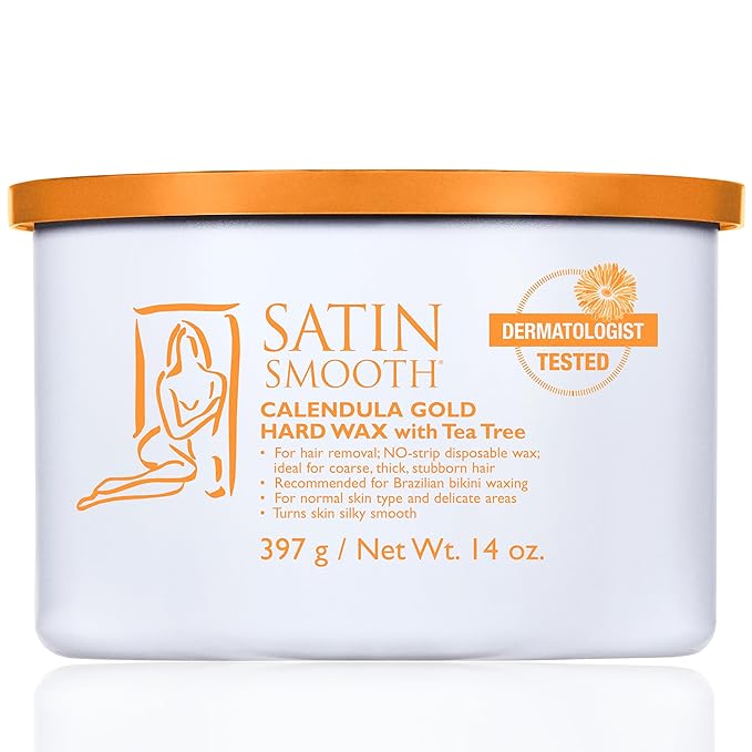 Satin Smooth Calendula Gold® Hard Wax with Tea Tree Oil, Hair Removal Wax for Sensitive Skin, Ideal for Face & Bikini Areas, Waxing Kit, 14oz