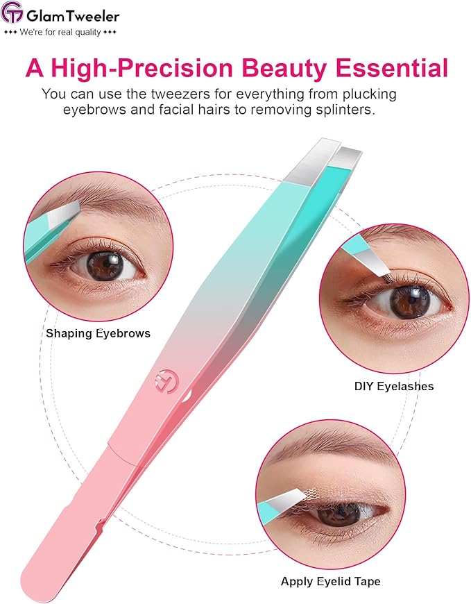 Exclusive G-01 Slant Tip Tweezers, GlamTweeler High Precison Expert Eyebrow and Facial Hair Removal Tweezer with Leather Storage & Carrying Case