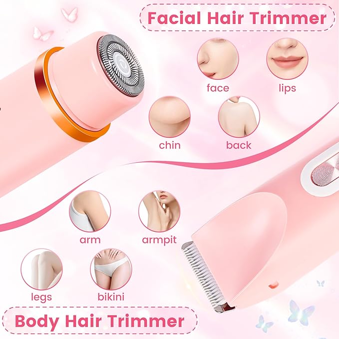 2 in 1 Bikini Trimmer for Women, Dual Head Electric Rozor, Facial Hair Removal, Ipx7 Waterproof Body Shaver for Bikini Face Armpit Pubic Hair Leg Back, Easy Cleaning, Ceramic Blade (Pink)