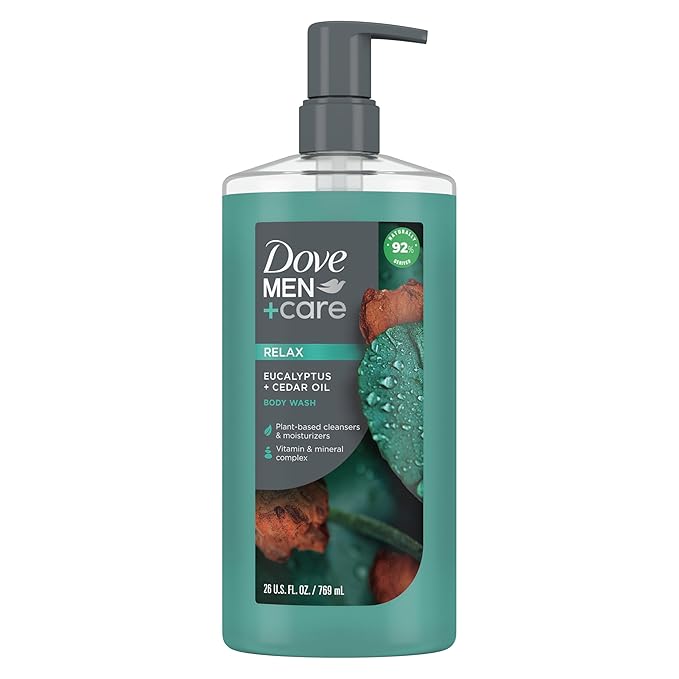 DOVE MEN + CARE Deep Clean Bar Soap and Eucalyptus + Cedar Oil Body Wash Bundle, 8 Pack 3.75oz Bar Soap and 26oz Body Wash