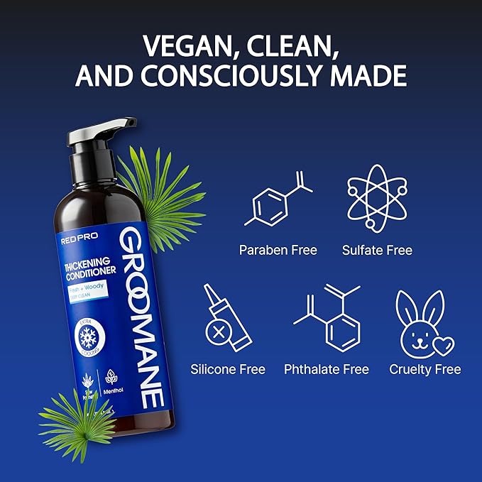 RED Pro GROOMANE Men Hair Conditioner with Biotin & Caffeine, Thickening, Anti-Hair-Loss Care, Moisturizes Scalp, Strengthen, Menthol Cooling, Sulfate- & Paraben-Free, Fuller-Looking Hair