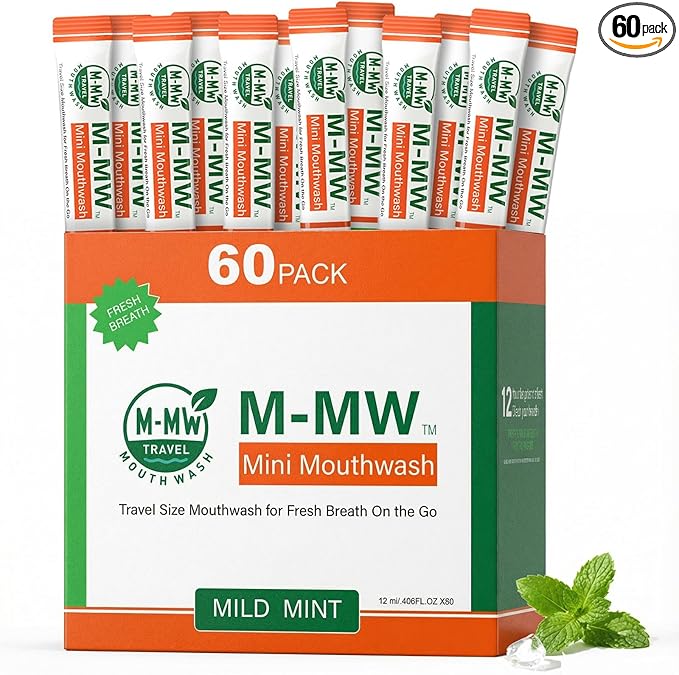 M-MW Travel Size Mouthwash Individual Packets, Alcohol Free Oral Rinse, Bad Breath Treatment for Adults, Mild Mint Flavor, Travel Essentials Toiletries (60 Count)