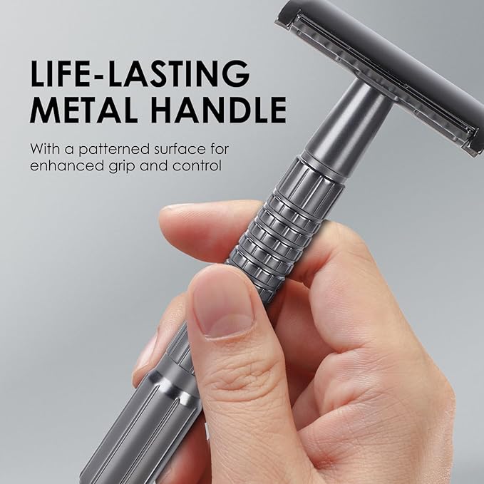 CLASSIC Double Edge Safety Razor with NONSLIP Handle, 10 Swedish Platinum Coated Blades Refills