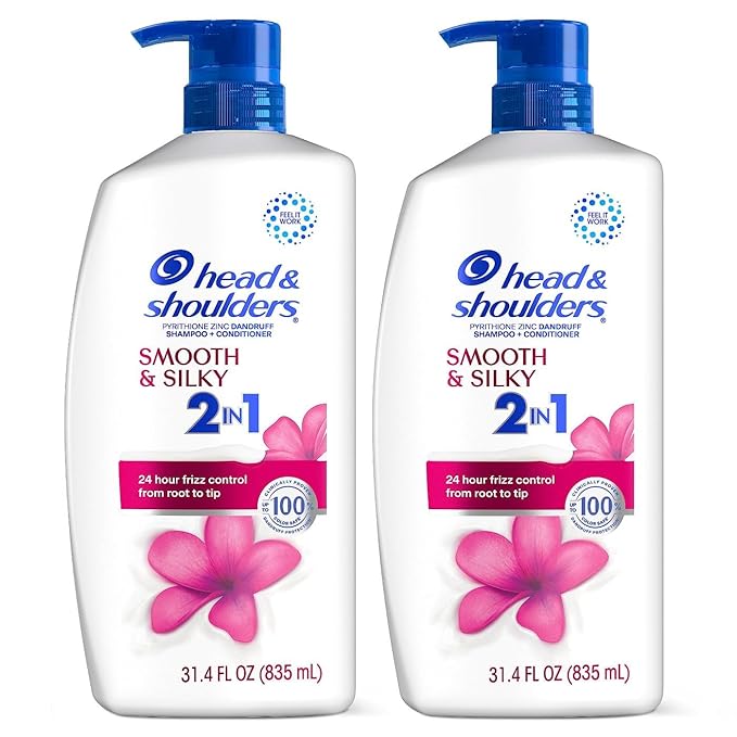Head & Shoulders Anti-Dandruff Shampoo and Conditioner, Smooth & Silky 2-in-1 Twin Pack, 1% Pyrithione Zinc, Shampoo for Women, Healthy Frizz-Free Hair, 31.4 fl oz Each