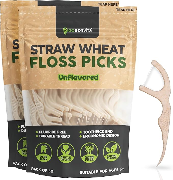 Dental Floss Picks - Straw Wheat Flossers | Thin & Shred-Resistant Thread for Tight Gaps | Flossers for Adults | Gentle on Gums & Teeth | Gluten-Free & Vegan (100 Pack, Unflavored)