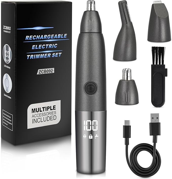 Candofly USB Rechargeable Nose Hair Trimmer for Men - 3 in 1 Ear & Nose Hair Trimmer Eyebrow Clipper with LED Display, IPX7 Waterproof Mens Grooming Kit