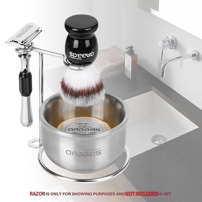 Anbbas Synthetic Badger Shaving Brush,Stainless Steel Shaving Razor and Brush Stand and Lathering Foam Bowl,3.5 oz Natural Shaving Soap Puck Refill for Men