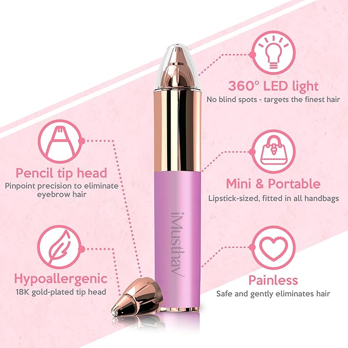 Portable Eyebrow Hair Remover for Women – Painless, Fast & Precise Flawless Electric Razor & Epilator for Eyebrow, Nose, Ear Hair Removal – 18K Gold-Plated, 360° LED Light