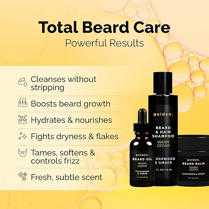 Golden Grooming Co. Everyday Beard Bundle – Complete Beard Care Set | Includes Beard Oil, Balm & Shampoo (Regular, Warm Cedar)