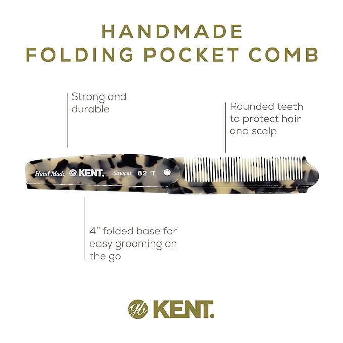 Kent 82T TW Handmade Folding Pocket Comb for Men, Fine Tooth Hair Comb Straightener for Everyday Grooming Styling Hair, Beard or Mustache, Use Dry or with Balms, Saw Cut Hand Polished, Made in England