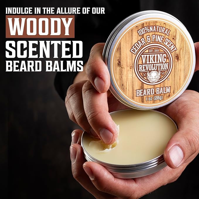 Viking Revolution 4 Beard Balm Variety Pack (1oz Each) - Sandalwood, Pine & Cedar, Bay Rum, Clary Sage - Styles, Strengthens and Softens Beards and Mustaches - Wax for Men (Pack of 2)