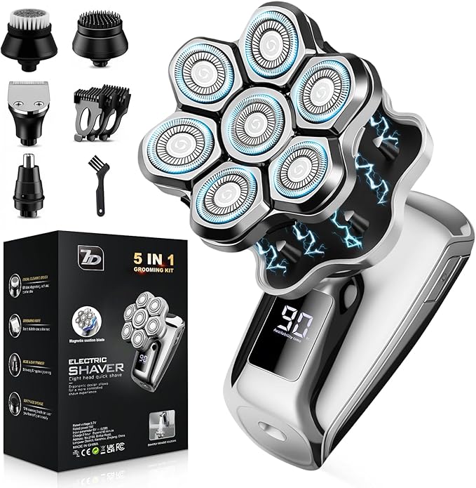 Head Shavers for Bald Men, 7D Floating Blades Electric Razor with Magnetic Detachable Heads, IPX7 Waterproof Rotary Shaver 5-in-1 Self-Grooming Kit Gift for Balder