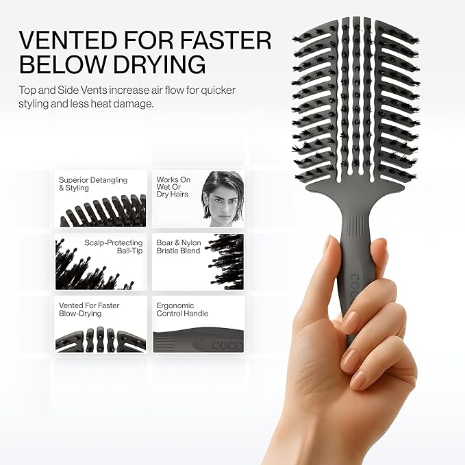 COCCO Aura Vent Boar Brush | Vented Dual-Curved Design for Faster Drying, Effortless Detangling & Shine, Boar + Nylon Bristles, Ergonomic Comfort Handle for Wet & Dry Hair Styling - Black