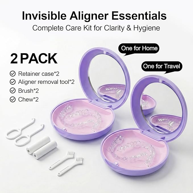 2 Pack Retainer Case with Mirror, Magnetic Aligner Case Compatible with Invisalign, Portable Slim Orthodontic Storage Kit for Clear Aligners - Purple
