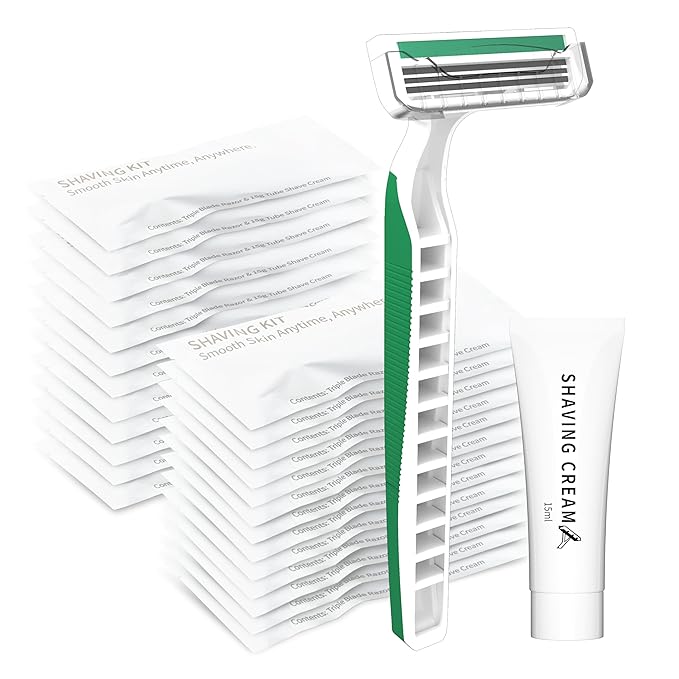 3 Blades Disposable Razors with Cream 50PCS Set for Men & Women, Individually Wrapped Portable Toiletries Amenities for Hotel, Airbnb, Homeless, Shelter, Charity, Camping and Travel On The Go