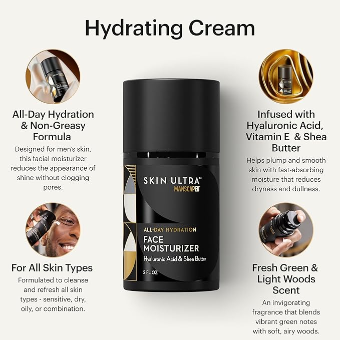 MANSCAPED® Skin Ultra™ Face Moisturizer - Men's Daily Hydrating Skincare Lotion Infused with Hyaluronic Acid, Vitamin E & Shea Butter, Non-Greasy, Fast Absorbing, 2 fl oz, (2-Pack)