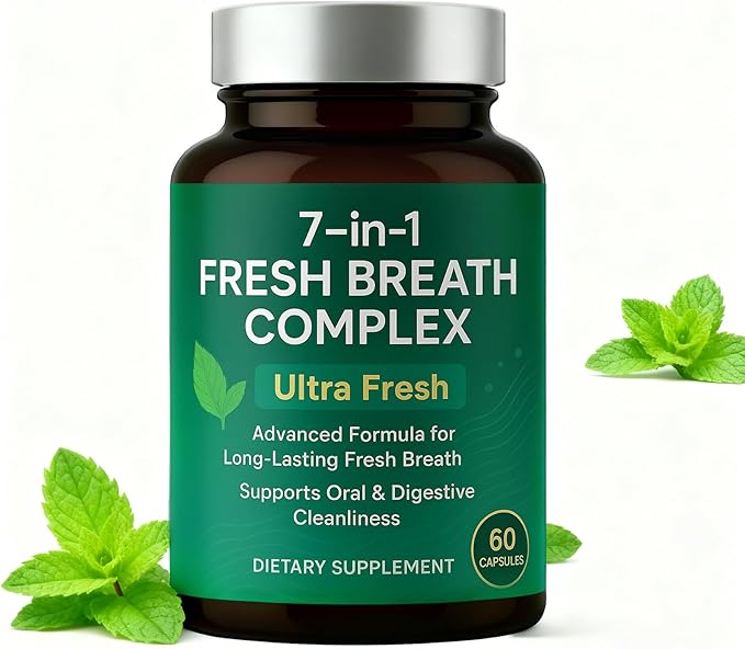 7-in-1 Fresh Breath Capsules, Breath Freshener Powerful Solution with Chlorophyllin, Mint Extract & Probiotic Blend, Supports Oral Freshness & Digestive Balance - 60 Capsules（1）