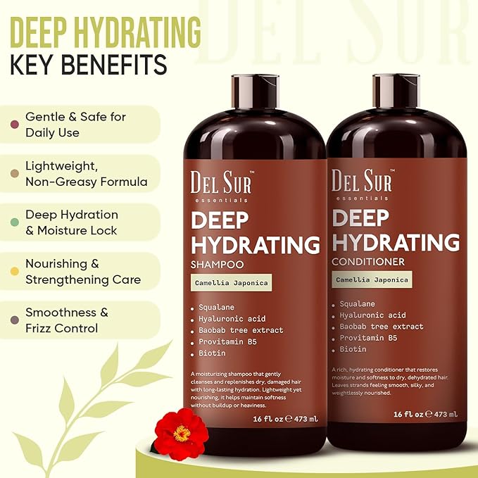 DEL SUR Hydrating Shampoo and Conditioner Set | 16 fl oz Each | with Camellia Japonica, Squalane, Hyaluronic Acid, Baobab Extract & Biotin | Deep Moisture for Dry, Damaged Hair