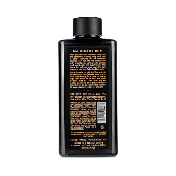 Mistral Men's Body Wash & Shampoo, Mahogany Rum 13.5 oz | 2-in-1 Natural Shower Gel for Men | SLS, Paraben & Phthalate Free | Natural Men’s Body Wash, Moisturizing Bath Gel - Made in France