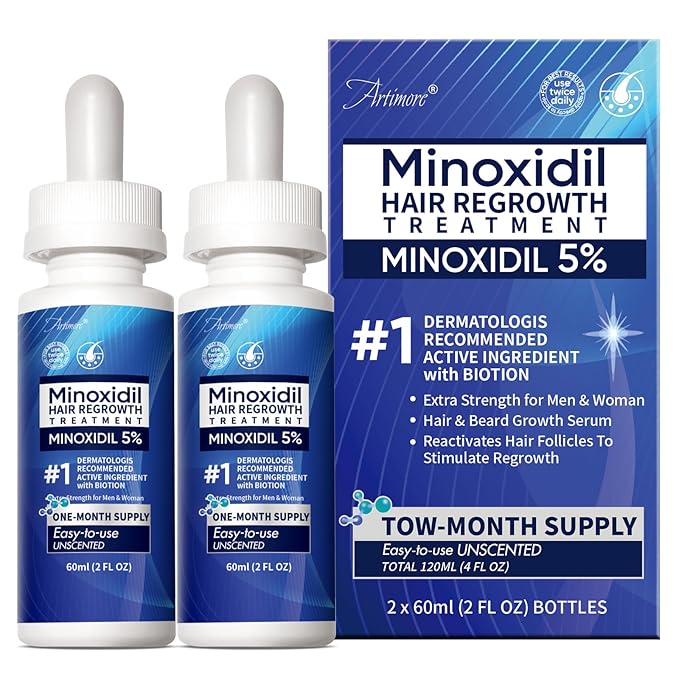 5% Minoxidil Hair Growth Serum for Men & Women with Biotin: Minoxidil for Men and Women, 5 Percent, Hair Regrowth Treatment, Extra Strength, 4 Fluid Ounces (2 Bottles)