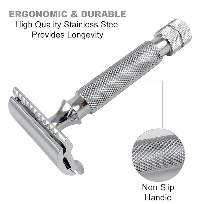 Safety Razors for Men Double Edge Safety Razor for Shaving - Razors for Men Reusable Stainless Steel Manual Cut Throat Single Blade Razor Navajas Para Barbero- 5 Shaving Blades By Krisp Beauty