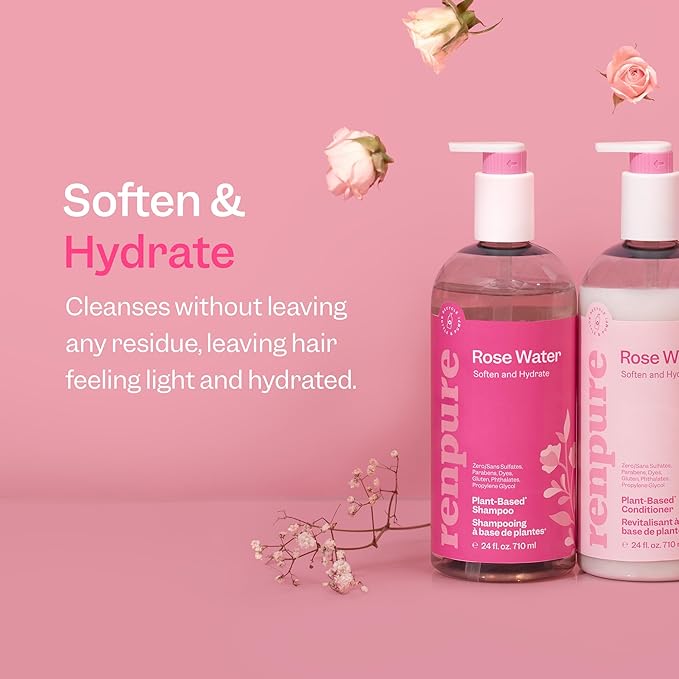 RENPURE Plant-Based Rose Hydrating Shampoo for Dry Hair - Sulfate-Free, Paraben-Free, Cruelty-Free & Color-Safe - Naturally Moisturizing & Refreshing for Women