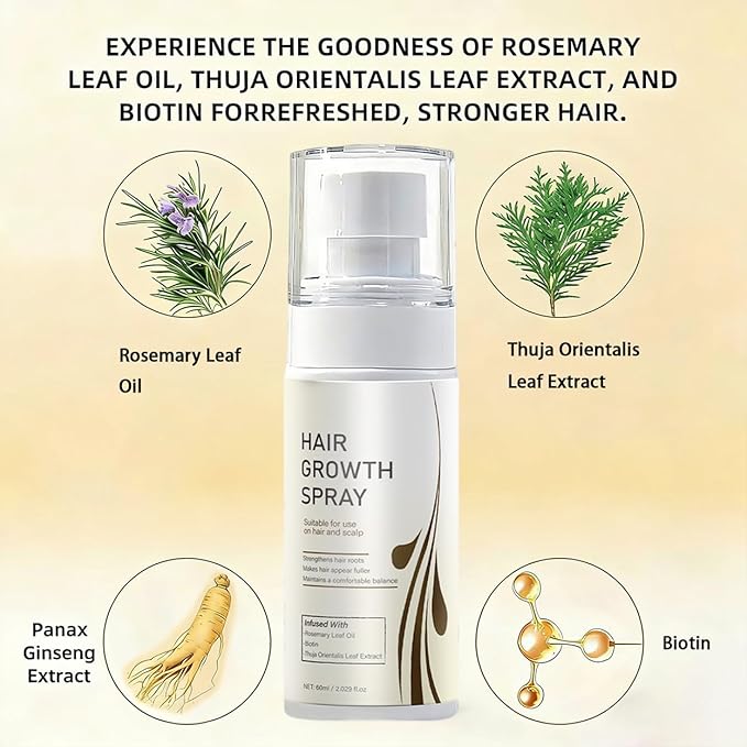 Hair Growth Spray with Rosemary Oil ，Biotin，Thuja OrientalisLeaf Extract, Non-Greasy, Helps Prevent Hair Thinning Hair Loss, for Scalp, 60ml Bottle