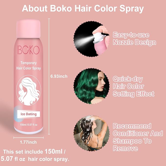 Boko Temporary Hair Color Spray, 150 ML Green Hair Dye for Kids Women Men One-Day Use, Washable Non-Damaging Color Hairspray For Halloween Crazy Hair Day Cosplay Party DIY