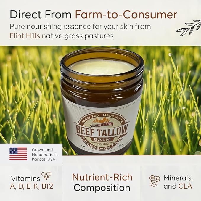 Grass Fed Beef Tallow Balm - 4 oz - Made in USA - Organic Grass Fed and Finished Tallow - Moisturizing Skin Care Lavender