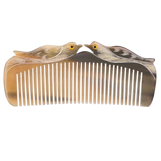 Natural Buffalo Horn Comb - Anti-Static Hair Care, Vietnamese Handmade Lovebirds Gift, Symbol of Love & Peace for Women