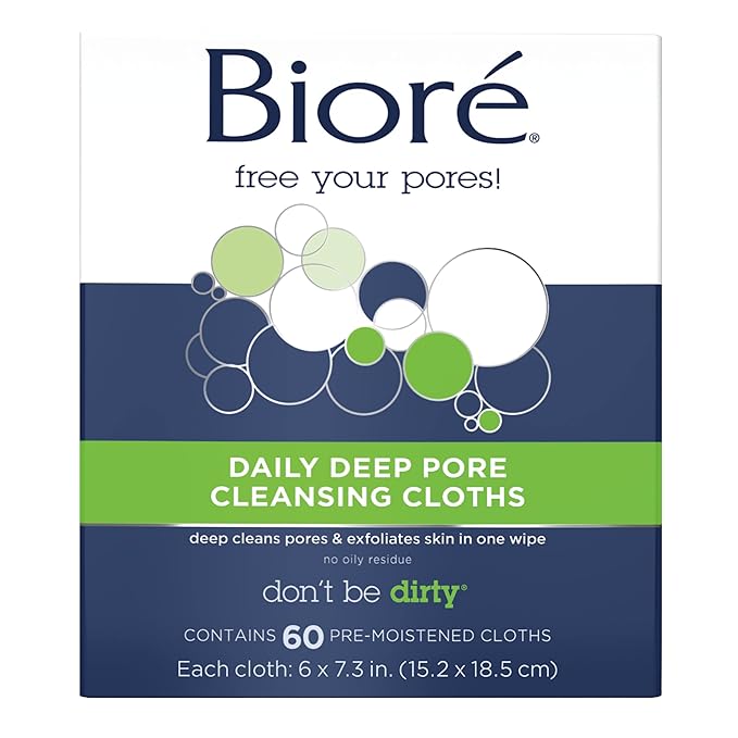 Bioré Daily Make Up Removing Cloths, Facial Cleansing Wipes & Pore Unclogging Scrub, Removes Excess Dirt and Oils, Face Scrub, with Salicylic Acid, Oil Free, 5 Ounces (HSA/FSA Approved)
