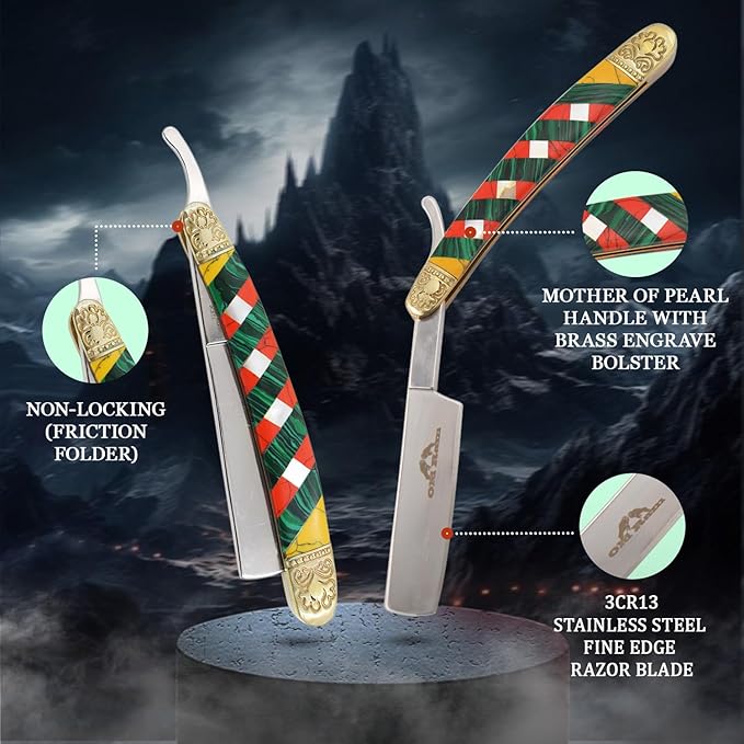 6.75" Straight Edge Razor – 3CR13 Stainless Steel Manual Folding Blade with Multi-Color Mosaic Handle and Engraved Brass Bolsters