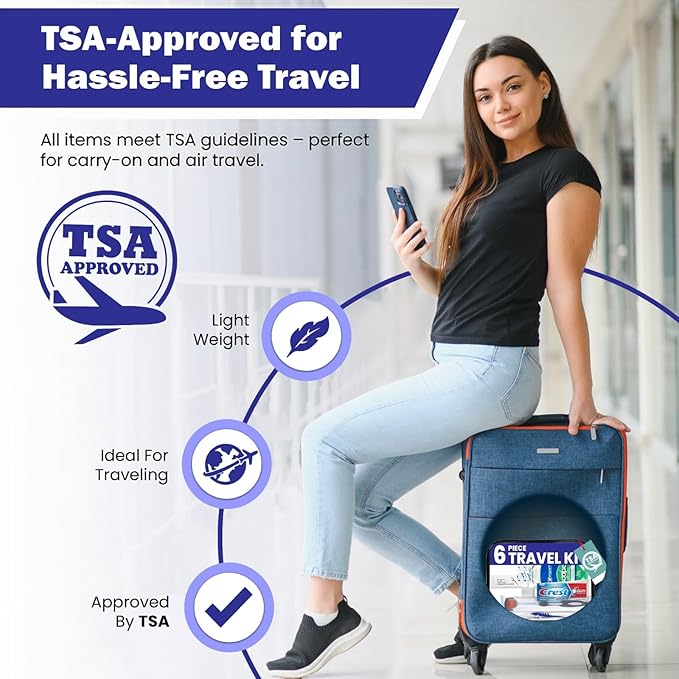 Trektote Travel Toothbrush and Toothpaste Set - 6 Piece Dental Care Kit, TSA Compliant, Includes Toothpaste, Toothbrush, Mouthwash, Tongue Cleaner, Flosses and Premium Toiletry Bag