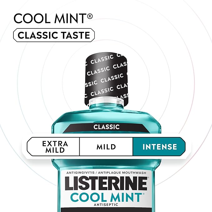Listerine Cool Mint Intense Antiseptic Mouthwash, Daily Oral Rinse Kills 99.9% of Germs That Cause Bad Breath, Plaque and Gingivitis. for a Fresh, Clean Mouth, Intense Mint Flavor, 250 mL/ 8.5 Fl.Oz.