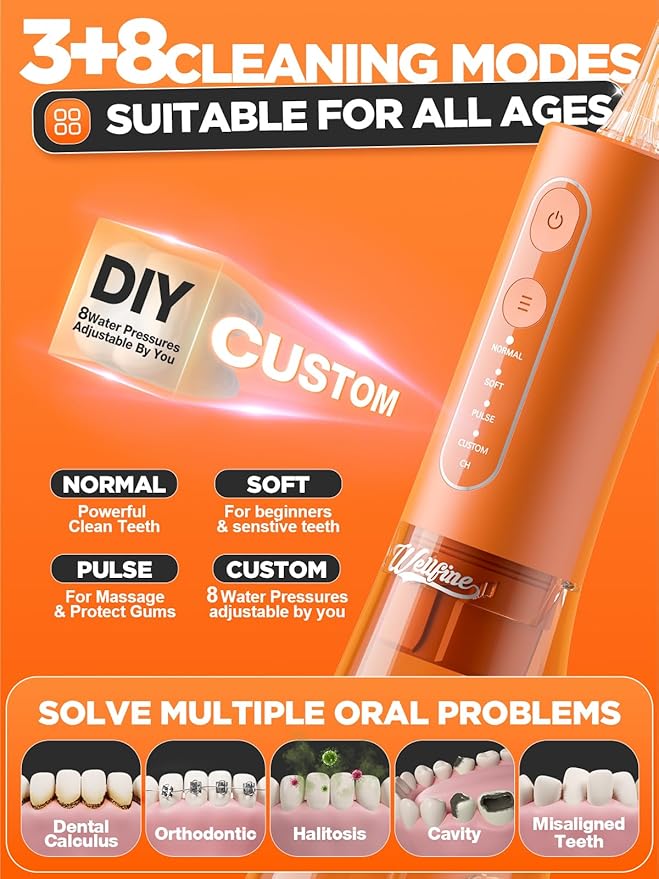 WELLFINE Water Dental Flosser Teeth Pick: Portable Cordless 4 Modes Flossers Pic 300ML Rechargeable Floss Pik Powerful IPX7 Waterproof Oral Irrigator for Cleaning Gum Care Braces for Home Travel
