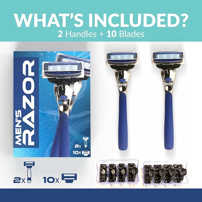 Men’s Razor with 2 Handles & 10 Refill Blades – 7 Blade for Smooth, Close Shave – Precision Trimmer – Refillable Razor for Men, All Skin Types