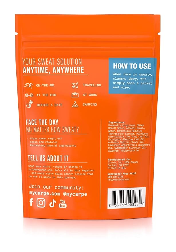 Carpe Sweat Absorbing Face Wipes (15 Facial Wipes). Witch Hazel & Tea Tree Oil Wipes Infused with Eucalyptus. Energizing, Refreshing, and Soothing. Sweat and Oil Control