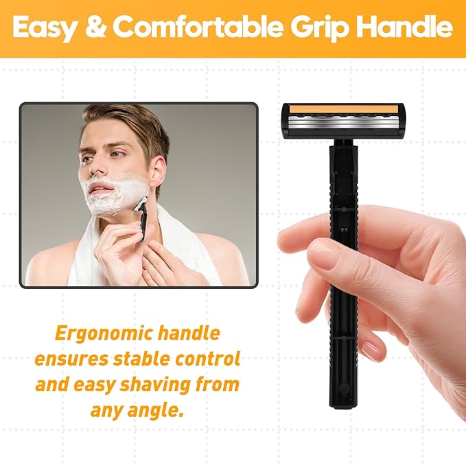 3-Blade Disposable Razors for Men & Women – 100 Pack Bulk Stainless Steel Shavers with Lubricating Strip & Safety Cap, Non-Slip Handle for Sensitive Skin, Travel, Hotel, Charity (Black)