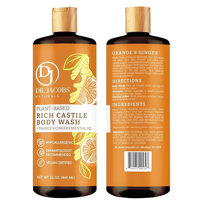 Dr. Jacobs Naturals Pure Castile Soap Liquid Body Wash, Orange & Ginger - Plant Based Soap Infused with Vitamin E & Aloe Vera to Moisturize Dry and Sensitive Skin - Made in The USA - 32 oz, Pack of 1