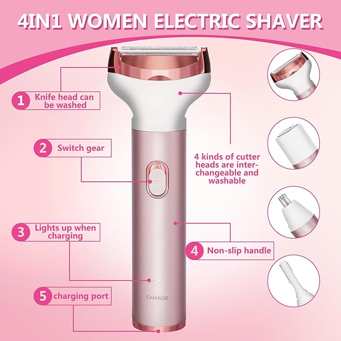 Electric Razor for Women Removal MKIOVH Women's Cordless Portable 4 in 1 Painless Shaver, for Body Face Shavers Nose Hair Trimmer Bikini Area Armpit Pubic Underarms Legs Eyebrow